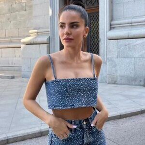 Zara Rhinestone  Jewel Denim Crop Top Blue Blogger Fav Size Small NWT